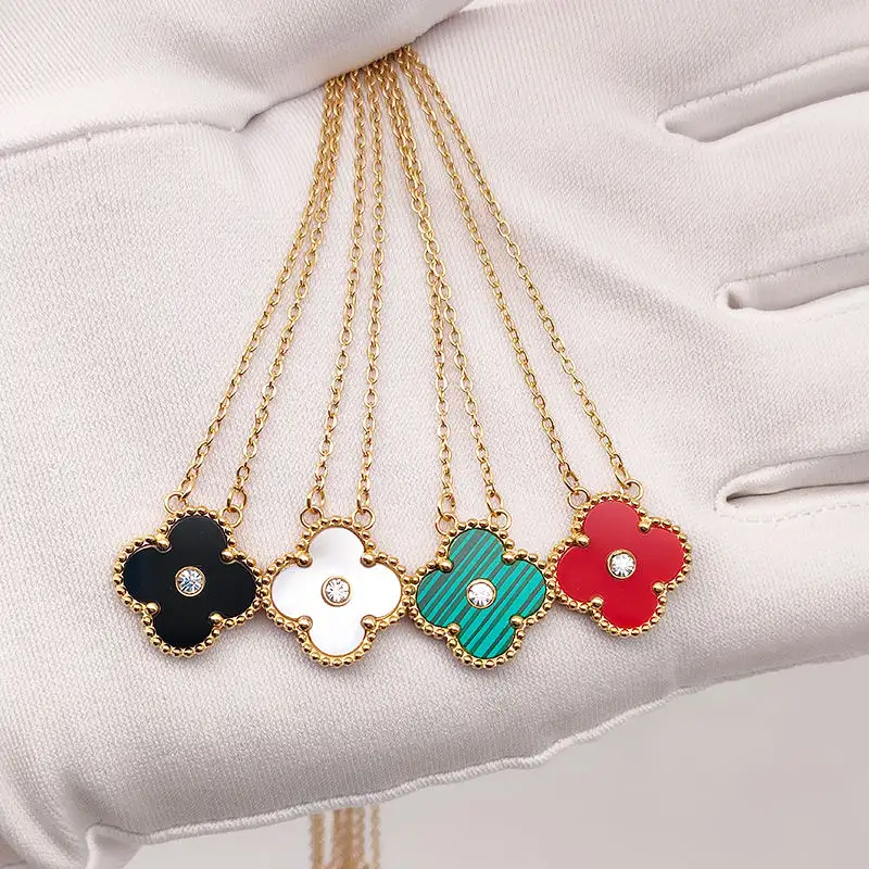 High Quality Luxury Brand Four Leaf Clover Necklace With Zircon Statement Pendant Gold Plated Stainless Steel Designer Necklace