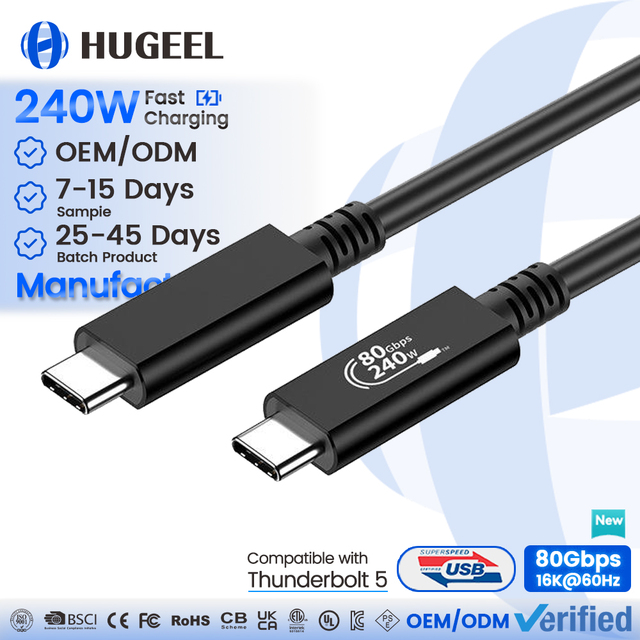 Thunderbolt 5 Cable PD 240W Type C Cable with USB4 Gen4 80Gbps Fast Data Transfer for Laptop Phone 16K Monitors 0.5m Data Cables