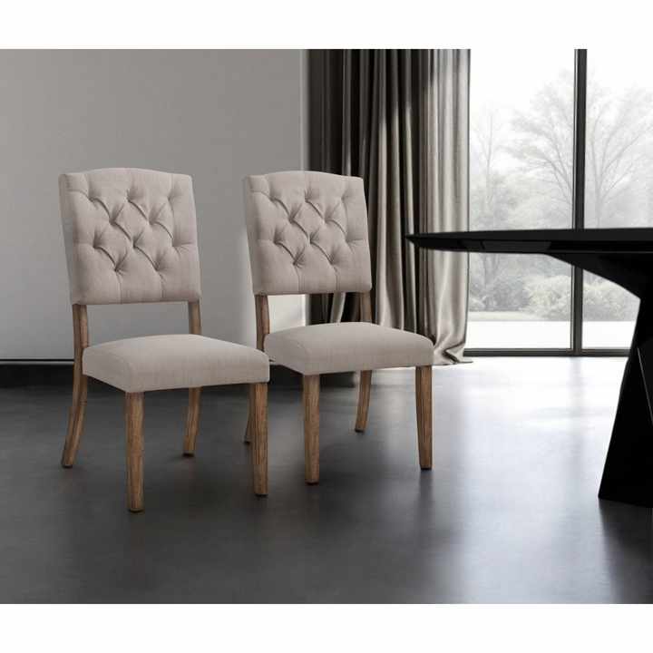 HMS Set of Two Cream and Brown Tufted Upholstered Linen Open Back Dining Side Chairs