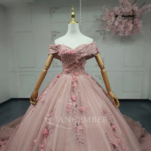 For ANY12 Vintage Pink Ruffle Ball Gown Crystal <b>Appliques</b> Beading Natural Waistline Birthday Party Dress for 16 Girls - Product Image 4