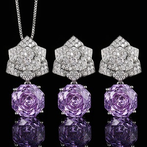 High End Eco-friendly Copper 12MM Zircon Rose Flower Petal Violet Floral Dangle <b>Earrings</b> and Pendant Necklace Set for Women - Product Image 3