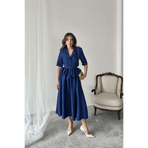 Ensemble élégant pour femme en lin et coton bleu marine avec veste à volants ceinturée et jupe froncée, manches trois quarts, respirant - Product Image 6