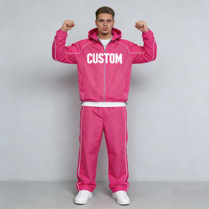 <span class=keywords><strong>Tuta</strong></span> Sportiva da Uomo Trendy Grigio Chiaro con Stampa Personalizzata, Bordi Bianchi a Righe, Zip e Cappuccio Oversize in Misto Poliestere - Product Image 4