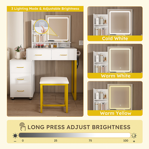 Modern Makeup Vanity <b>Table</b> with LED Lights & 3-Color Power Outlet 5 Drawers Sturdy Metal <b>Legs</b> & Chair for Bedroom/Living Room - Product Image 5