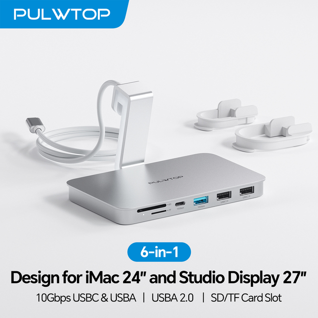 PULWTOP USB Hub for iMac - 10Gbps, Supports M1/M3/M4, 2 USB a 2.0, SD/TF Card Reader for 24 Inch iMac & Studio Display