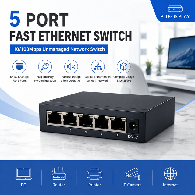 Mini 5 Port 10/100Mbps Ethernet Switch Unmanaged LAN Network Switch for Office Home