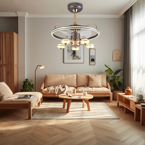 พัดลมเพดาน LED 22นิ้วที่ทันสมัย, สินค้ามาใหม่กาแฟ2-in-1ดีไซน์ที่มองไม่เห็นพร้อมสวิตช์ควบคุมระยะไกลสำหรับห้องนั่งเล่น - Product Image 1