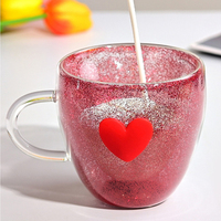 Taza de Vidrio Romántica de Doble Pared con Adorno de Corazón 3D, Resistente al Calor, para Regalo de San Valentín, para Parejas, para Café en Casa