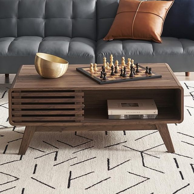 Walnut 31.5 Inch Round Coffee Table Fluted Design Sliding Door Storage Mid Century Modern Living Room Office Table