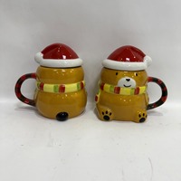 Mug à café en porcelaine peint à la main en forme d'ours mignon avec couvercle 450 ml, motif de Noël, compatible lave-vaisselle et micro-ondes pour les fêtes de fin d'année
