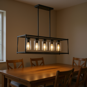 Modern 5-Light Rectangular Chandelier Black Iron <b>Frame</b> Clear Glass Shades Pendant Light For Dining Room - Product Image 2