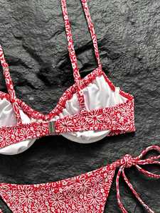 2026 European American Style <b>Small</b> Red Flower Print Two Piece <b>Bikini</b> Front Tie Side Tie Push Up Women Holiday Swimwear Wholesale - Product Image 6