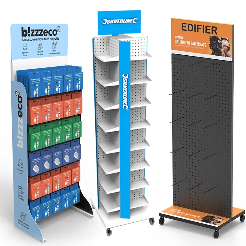 Bevis tùy chỉnh kim loại Pegboard đơn hoặc đôi xoay tầng Rack hiển thị cho trường hợp điện thoại Cáp USB ngân hàng điện