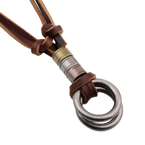 European American Style Round <b>Ring</b> Pendant Leather <b>Necklace</b> Coffee Brown Copper Alloy Geometric Design Fashion Jewelry - Product Image 5