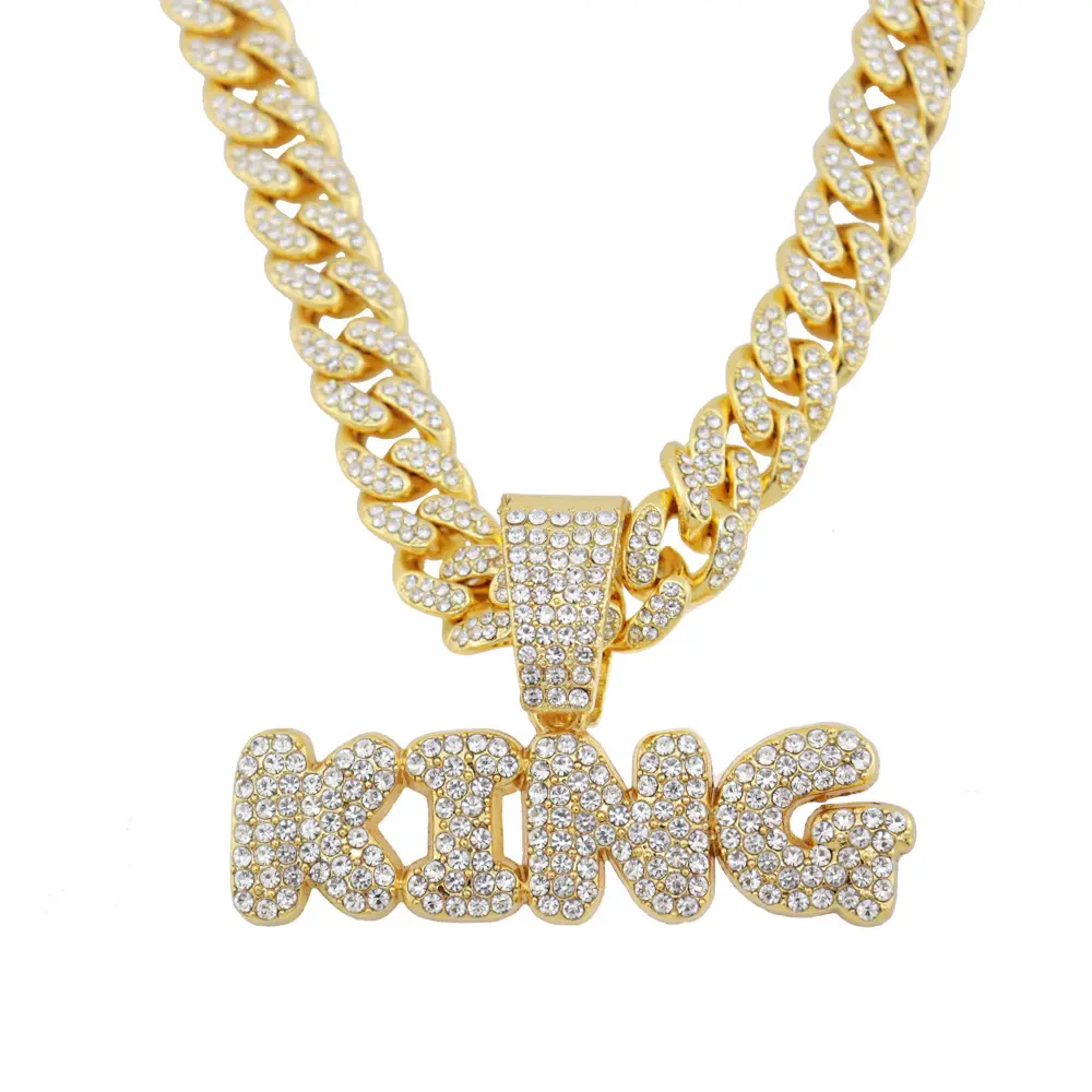 Full Iced Out Rhinestone Personalized KING Letter Plated Pendant Necklace Hip Hop Cuban Chain Letter Initial Necklaces Jewelry