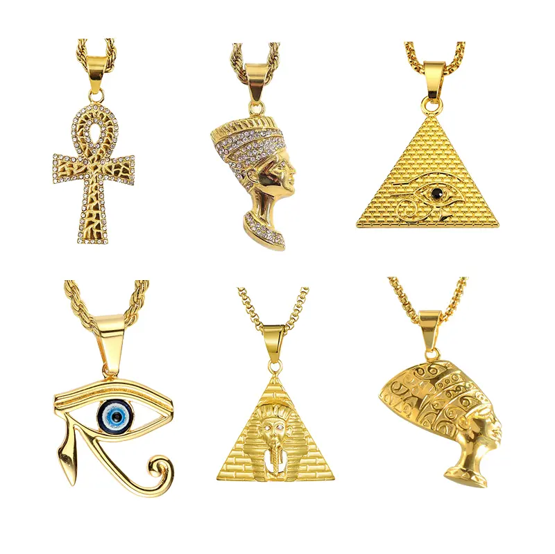 Vintage Egyptian Pyramid King Tut Necklace Stainless Steel Gold Egypt Queen Nefertiti Pendant Ankh Cross Charm Jewelry for Women