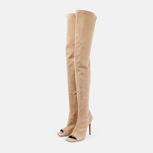 Bottes cuissardes en <span class=keywords><strong>daim</strong></span> <span class=keywords><strong>beige</strong></span> à talon aiguille et bout ouvert pour femme, fabriquées sur mesure - Product Image 1
