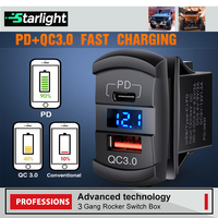 Boîtier de panneau de commutation à 3 interrupteurs à bascule avec chargeur USB Type-C PD QC3.0 et voltmètre 12V 24V pour bateau, camion, camping-car