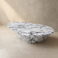 Table basse ovale moderne avec socle, finition brillante, imitation pierre blanche de Guangxi