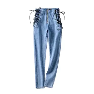 SMO Jeans femme 2023 logo personnalisé jeans stretch pour femmes dessiner cordon ceinture vêtements jeans pantalon