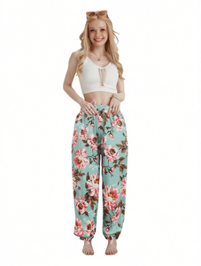 J768 Pantaloni Harem Floreali da Donna in Maglia di Cotone Elasticizzato con Vita Elastica Vestibilità Ampia Lunghezza Intera per l'Estate Casual - Product Image 1