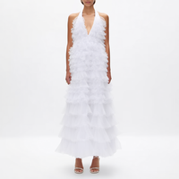 Nouvelle Robe Longue Maxi Élégante Blanche à Col Halter et Décolleté Plongeant en V, à Volants Superposés en Organza Transparent et Tulle, Coupe Trapèze, Personnalisée pour Femme, Idéale pour les Vacances à la Plage