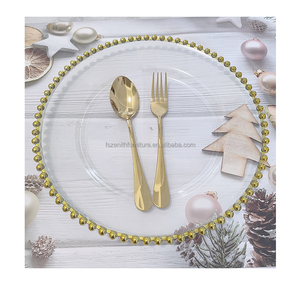 Factory Price Crystal Clear Plastic Gold Beads Round Dinner Plate Charger Plates For Party Event