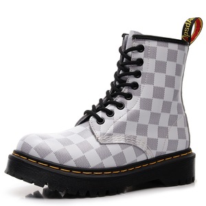 <b>Work</b> <b>boots</b> with women's checkered patterned patch thick mid-heel short <b>boots</b>, men's and women's smooth <b>leather</b> <b>boots</b> - Product Image 1