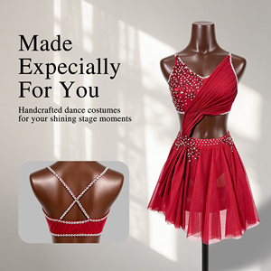 Traje de Danza Lírica Color Borgoña para Mujer Adulta, Sin Mangas, con Adornos de Pedrería, para Actuaciones en Escenario, Ballet Contemporáneo - Product Image 1