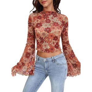Women's Floral Print Sheer Mesh Crop <b>Top</b> Long Bell Sleeve Y2K Boho Shirt Everyday Wear - Product Image 1