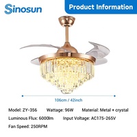 Ventilateur de plafond LED en cristal de luxe rétractable à 3 pales de 42 pouces avec lumière et télécommande, idéal pour salle à manger intérieure moderne – Nouveauté ODM/OEM