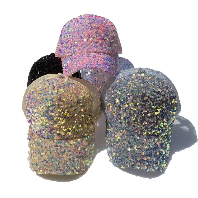 Adult Custom High Quality Caps Sequin Glitter Reversible Mesh Sun Sport baseball caps