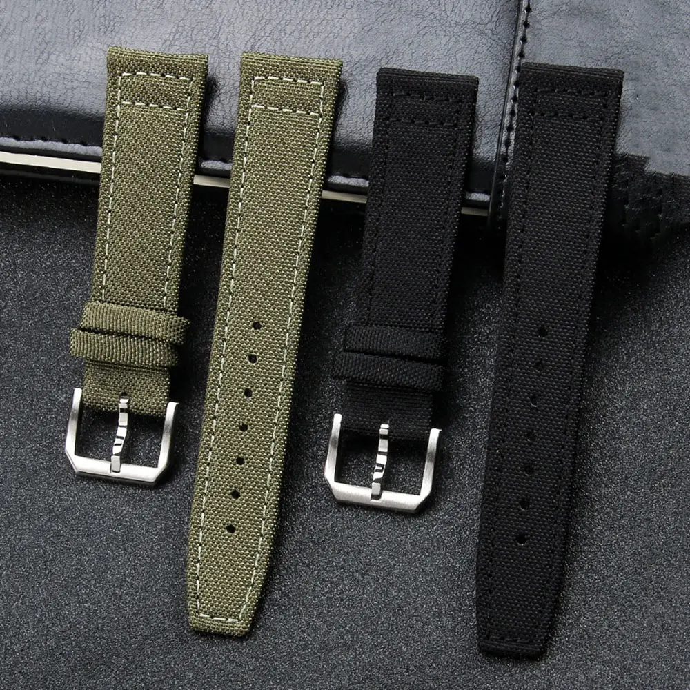 Men Women Green Black Blue High Quality Sailcloth Watch Bracelet Cordura Nylon + Genuine Leather Watch Bands Canvas Straps