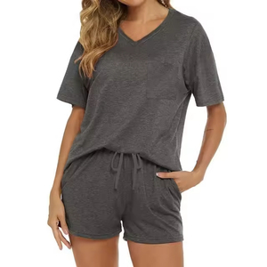 Conjunto de 2 Piezas para Mujer, Color Claro, Poliéster y Algodón, 280gsm, Cuello en V, Manga Corta, Corte Holgado, Color Sólido, Tejido de Punto, Casual - Product Image 4
