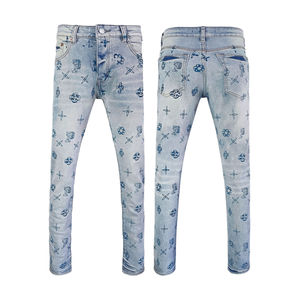 Nouveau design – Jean slim décontracté pour homme, denim bleu clair, imprimé lettres, délavé vintage, coupe droite - Product Image 2