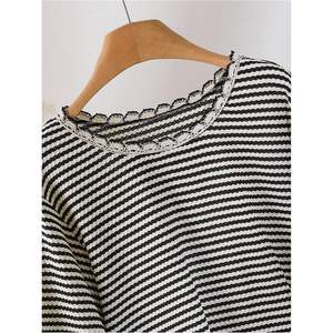 Camiseta de Manga Larga a Rayas para Mujer, Talla Grande, Estilo Batwing, Tejido de Algodón, con Borlas en el Bajo, Informal, para Otoño - Product Image 5