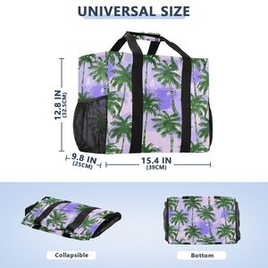 Low Moq Black Handles Canvas Fabric Grocery Shopping Bag <b>Large</b> Tropical Palm Tree <b>Print</b> Beach Tote Bag With Mesh Side Pockets - Product Image 4