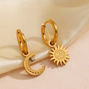 EH186 Sun Moon Stainless Steel Earrings Simple Moon Sun Asymmetrical Natural Stone Gold-Color Plating Trendy Butterfly Shape - Product Image 3