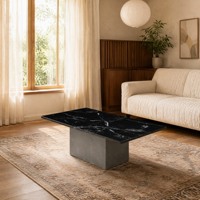 Table basse rectangulaire moderne en pierre avec base géométrique finition ciment, personnalisable pour projets hôteliers et de villas