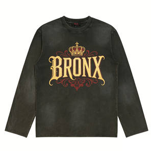 <span class=keywords><strong>T</strong></span>-shirt à manches longues gris foncé délavé vintage de style américain, imprimé lettres couronne, coupe ample et col rond - Product Image 1