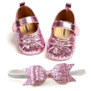 Chaussures plates à paillettes scintillantes à semelle souple pour bébés filles de 6 mois, ensemble chaussures et bandeau pour nouveau-nés et tout-petits - Product Image 4