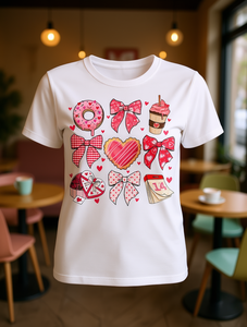 T-shirt da donna taglie forti per San Valentino, a maniche corte, girocollo, con stampa fiocco e motivo caffè, casual, per tutte le stagioni, 100% cotone jersey - Product Image 2