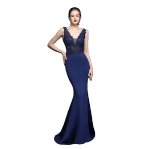 Hot Selling Wedding Gown Trump/Mermaid V-hals Sweep Trein Elegante Kant Handgemaakte Applique Kralen Avondjurken Voor Party