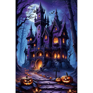 Decoración <span class=keywords><strong>de</strong></span> Fiesta <span class=keywords><strong>de</strong></span> <span class=keywords><strong>Halloween</strong></span> con Diseño <span class=keywords><strong>de</strong></span> Casa <span class=keywords><strong>de</strong></span> Brujas, Luna Llena y Campo <span class=keywords><strong>de</strong></span> Calabazas, Banner Personalizable para Fotografía - Product Image 3