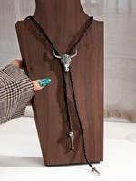 Collier Bolo Western Bohème Géométrique Rétro Sculpté Cowboy Cowgirl Turquoise avec Pendentif en Cordon de Cuir Tressé, Bijoux de Mode