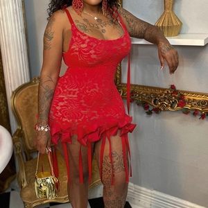 เดรสแฟชั่นสำหรับผู้หญิงผูกโบว์เซ็กซี่ผ้าแจ็คการ์ดเอวสูงผูกลูกไม้ - Product Image 4