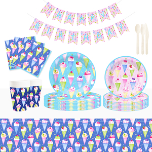 Juego de Vajilla para Fiesta de Cumpleaños Infantil DAMAI con Temática de Helado, Incluye 7 y 9 Platos de Papel, Vasos y Servilletas para 8 Personas - Product Image 1