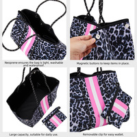 Sac de plage en néoprène personnalisé à grande capacité avec imprimé léopard, fermeture, petit sac à main ouvert pour femmes