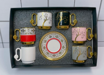 Oro rojo - Juego de 12 piezas - 6 tazas, 6 platos - Taza de 90cc, plato de 11cm