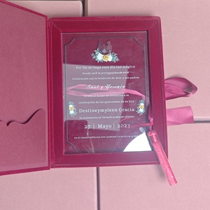 Tùy chỉnh sang trọng Burgundy Nhung hộp bìa cứng vàng dập Thiệp mời đám cưới chất lượng cao Acrylic lời mời đám cưới - Product Image 2
